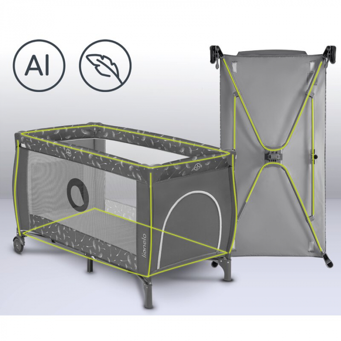Lionelo - Patut pliant cu doua nivele Sven Plus, 120x60 cm, arcada jucarii, masuta de infasat, vibratii, melodii, conform cu standardele europeane de securitate EN716 si EN12221, Grey [24]