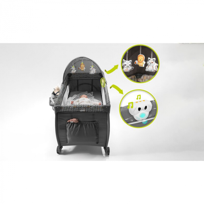 Lionelo - Patut pliant cu doua nivele Sven Plus, 120x60 cm, arcada jucarii, masuta de infasat, vibratii, melodii, conform cu standardele europeane de securitate EN716 si EN12221, Grey [28]