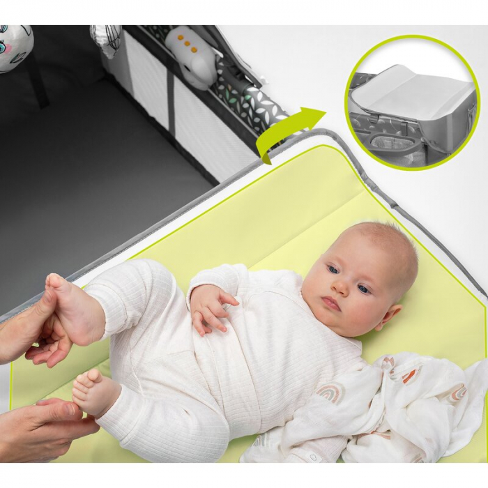 Lionelo - Patut pliant cu doua nivele Sven Plus, 120x60 cm, arcada jucarii, masuta de infasat, vibratii, melodii, conform cu standardele europeane de securitate EN716 si EN12221, Grey [30]