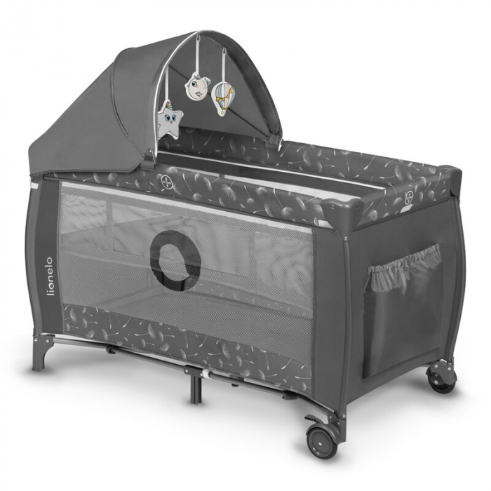 Lionelo - Patut pliant cu doua nivele Sven Plus, 120x60 cm, arcada jucarii, masuta de infasat, vibratii, melodii, conform cu standardele europeane de securitate EN716 si EN12221, Grey [5]