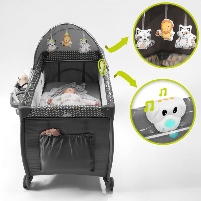 Lionelo - Patut pliant cu doua nivele Sven Plus, 120x60 cm, arcada jucarii, masuta de infasat, vibratii, melodii, conform cu standardele europeane de securitate EN716 si EN12221, Grey [29]