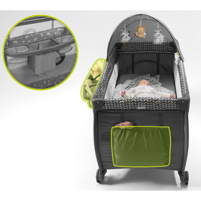Lionelo - Patut pliant cu doua nivele Sven Plus, 120x60 cm, arcada jucarii, masuta de infasat, vibratii, melodii, conform cu standardele europeane de securitate EN716 si EN12221, Grey [32]