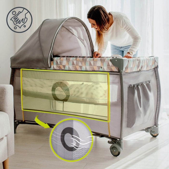 Lionelo - Patut pliant cu doua nivele Sven Plus, 120x60 cm, arcada jucarii, masuta de infasat, vibratii, melodii, conform cu standardele europeane de securitate EN716 si EN12221, Grey [25]
