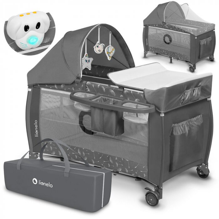 Lionelo - Patut pliant cu doua nivele Sven Plus, 120x60 cm, arcada jucarii, masuta de infasat, vibratii, melodii, conform cu standardele europeane de securitate EN716 si EN12221, Grey [2]