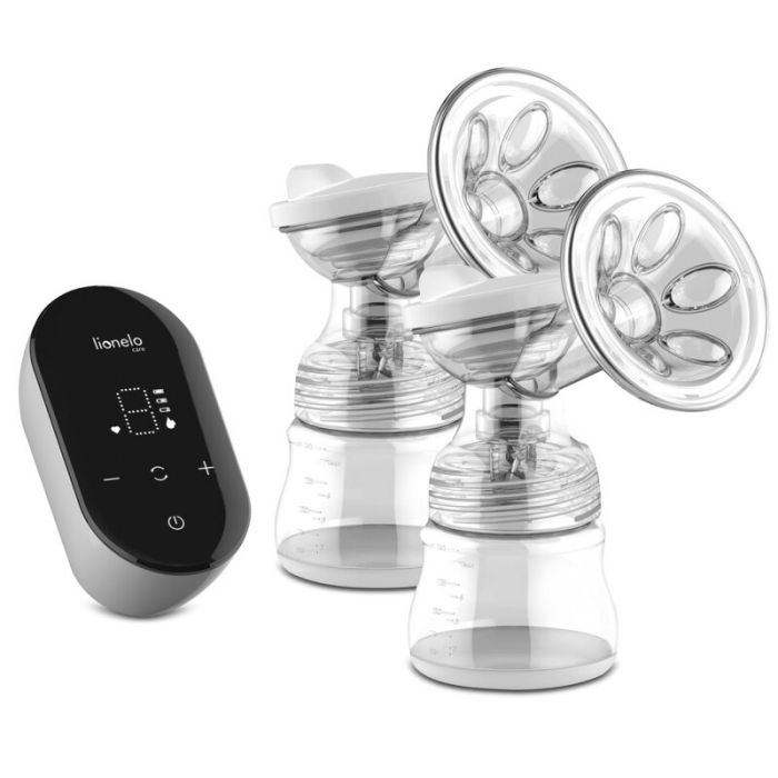 Lionelo - Pompa dubla de san, Electrica, Cu 9 nivele de aspiratie, 5 moduri de masaj, Afisaj LED, Imita suptul natural al copilului, Functionare pana la 90 min, Silentioasa, Fara BPA, Include 2 recipi [1]