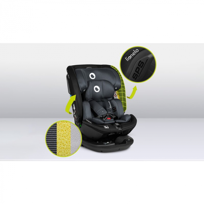 Lionelo - Scaun auto Bastiaan RWF i-Size, Pozitie de somn, Protectie laterala, Rotire 360 grade, 0-36 Kg, Cu Isofix si Centura Top Tether, Conform cu standardul european de securitate ECE R129, Gri [36]