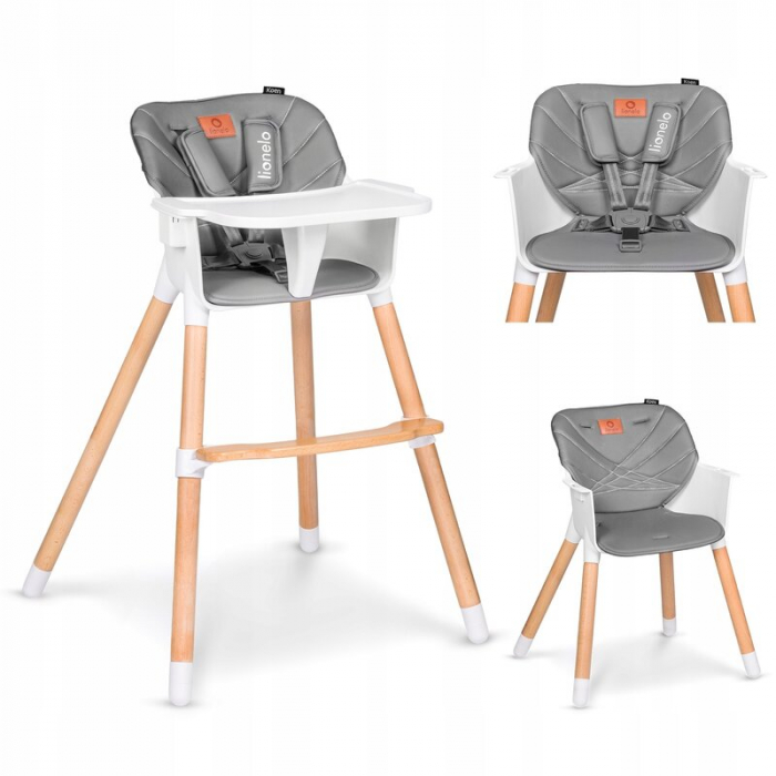 Lionelo - Scaun de masa din fag Koen, 2 in 1, Transformabil, Sustine 30 kg, 6 luni+, Conform cu standardul european de securitate EN14988, Gri [2]