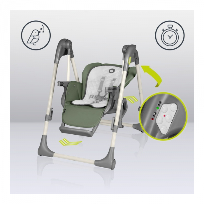 Lionelo - Scaun de masa si balansoar, 2 in 1, Laurice, Transformabil, Multifunctional, Inaltime si spatar reglabile, Cu melodii de leagan, 0 luni+, Conform cu standardele europene de securitate EN 149 [18]