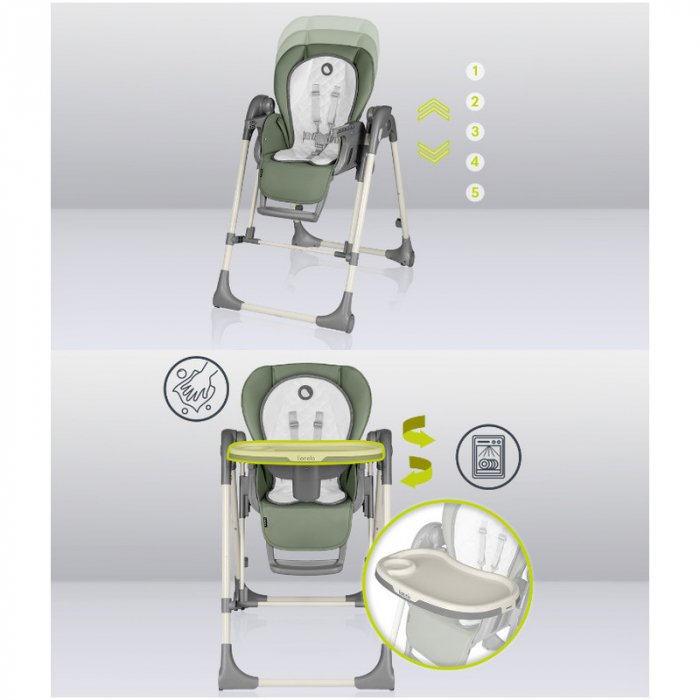 Lionelo - Scaun de masa si balansoar, 2 in 1, Laurice, Transformabil, Multifunctional, Inaltime si spatar reglabile, Cu melodii de leagan, 0 luni+, Conform cu standardele europene de securitate EN 149 [5]
