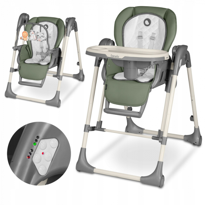 Lionelo - Scaun de masa si balansoar, 2 in 1, Laurice, Transformabil, Multifunctional, Inaltime si spatar reglabile, Cu melodii de leagan, 0 luni+, Conform cu standardele europene de securitate EN 149 [2]