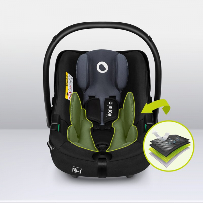 Lionelo - Scoica auto i-Size Astrid, Include baza Isofix, 0-13 Kg, 40-87 cm, Cu maner si capotina reglabile, Cu protectie laterala avansata, Salteluta confortabila , Conform cu R129, Negru/Gri [22]