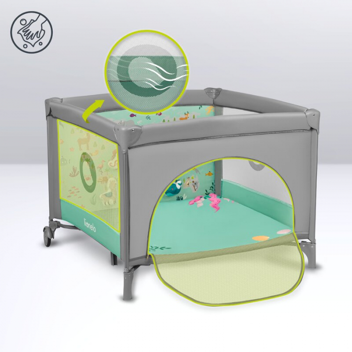 Lionelo - Tarc de joaca, Pliabil, Include covor educational incorporat cu 4 jucarii Velcro si geanta de transport, Cu roti si inchidere laterala, Saltea din spuma, 100x100 cm, Verde [18]