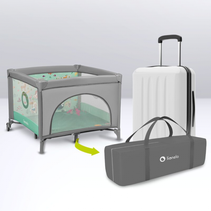 Lionelo - Tarc de joaca, Pliabil, Include covor educational incorporat cu 4 jucarii Velcro si geanta de transport, Cu roti si inchidere laterala, Saltea din spuma, 100x100 cm, Verde [22]
