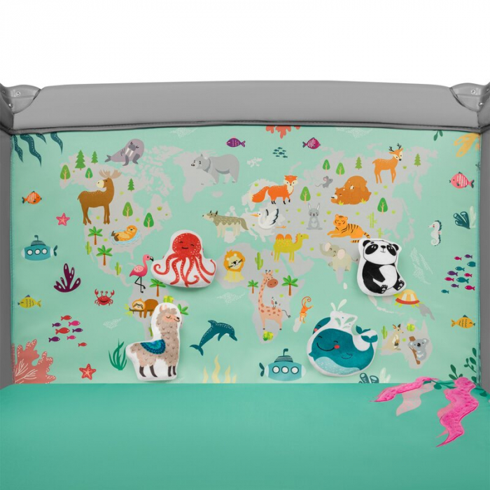 Lionelo - Tarc de joaca, Pliabil, Include covor educational incorporat cu 4 jucarii Velcro si geanta de transport, Cu roti si inchidere laterala, Saltea din spuma, 100x100 cm, Verde [15]