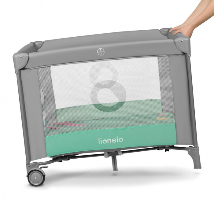 Lionelo - Tarc de joaca, Pliabil, Include covor educational incorporat cu 4 jucarii Velcro si geanta de transport, Cu roti si inchidere laterala, Saltea din spuma, 100x100 cm, Verde [2]