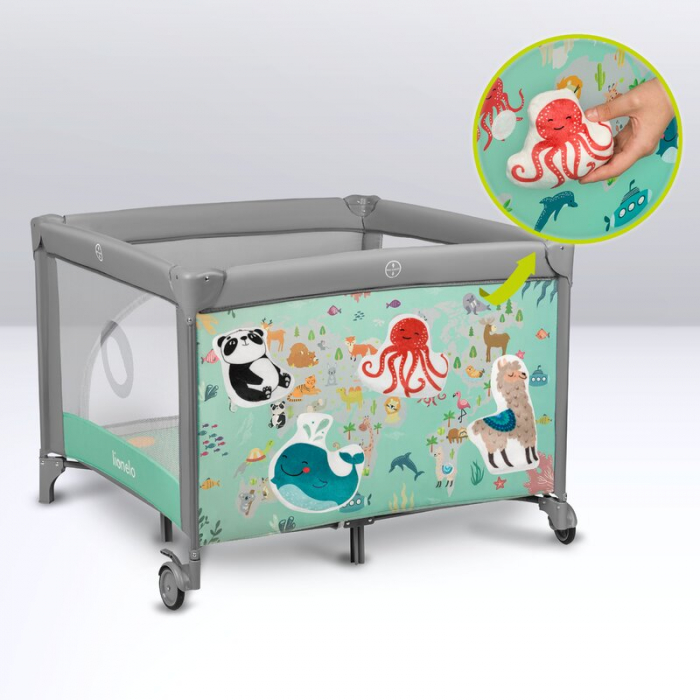 Lionelo - Tarc de joaca, Pliabil, Include covor educational incorporat cu 4 jucarii Velcro si geanta de transport, Cu roti si inchidere laterala, Saltea din spuma, 100x100 cm, Verde [19]