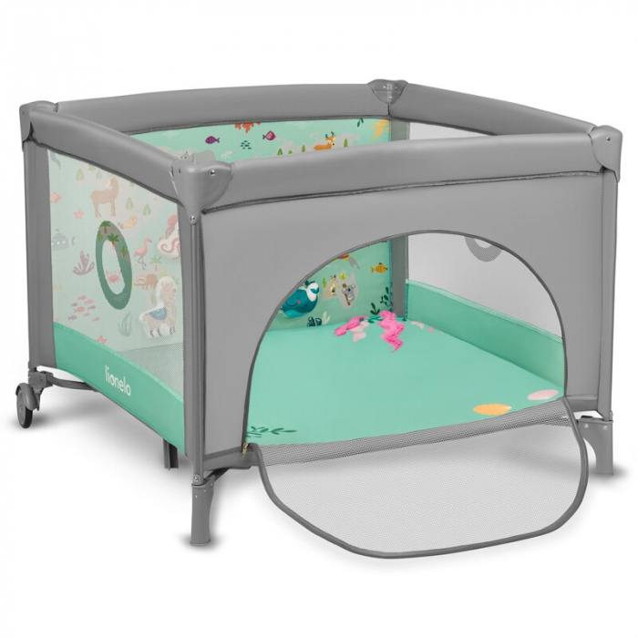 Lionelo - Tarc de joaca, Pliabil, Include covor educational incorporat cu 4 jucarii Velcro si geanta de transport, Cu roti si inchidere laterala, Saltea din spuma, 100x100 cm, Verde [4]