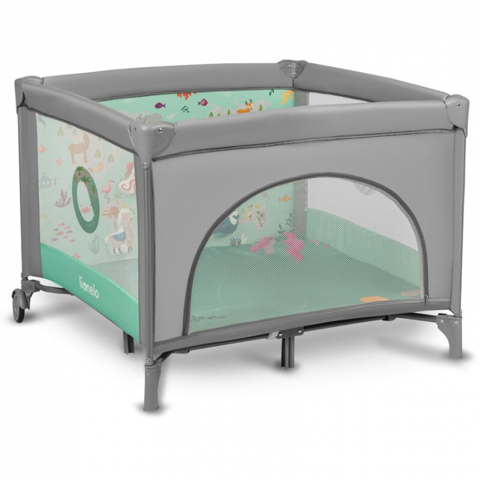 Lionelo - Tarc de joaca, Pliabil, Include covor educational incorporat cu 4 jucarii Velcro si geanta de transport, Cu roti si inchidere laterala, Saltea din spuma, 100x100 cm, Verde [5]