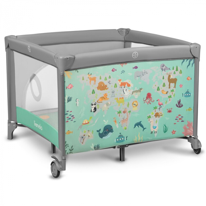 Lionelo - Tarc de joaca, Pliabil, Include covor educational incorporat cu 4 jucarii Velcro si geanta de transport, Cu roti si inchidere laterala, Saltea din spuma, 100x100 cm, Verde [3]