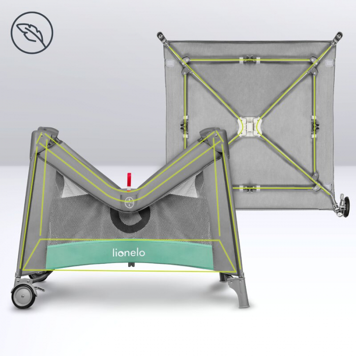 Lionelo - Tarc de joaca, Pliabil, Include covor educational incorporat cu 4 jucarii Velcro si geanta de transport, Cu roti si inchidere laterala, Saltea din spuma, 100x100 cm, Verde [26]