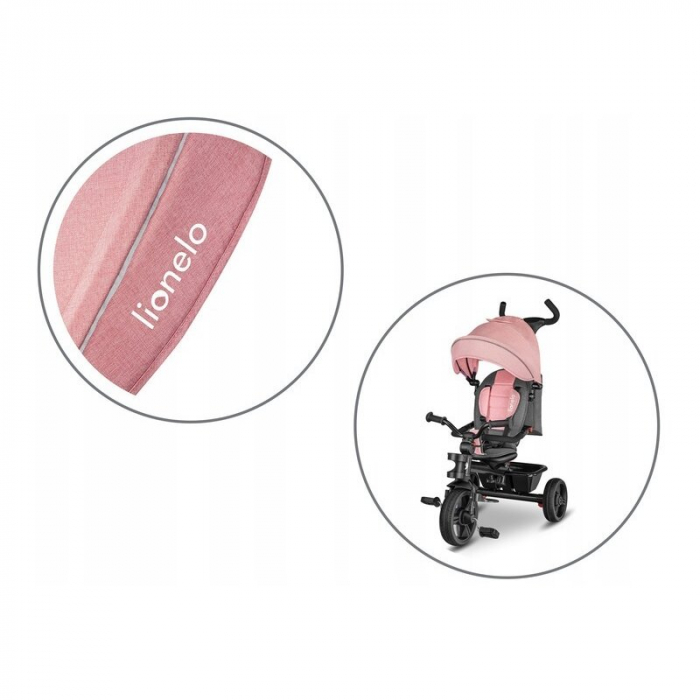 Lionelo - Tricicleta Haari, Suport picioare, Control al directiei, Scaun reversibil, Rotire 360 grade, Pliabila, Conform cu standardul european de securitate EN71, Bubblegum [30]