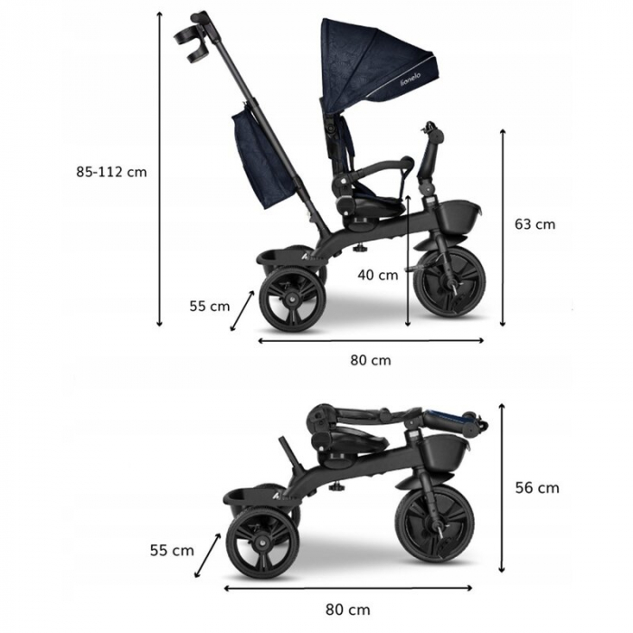 Lionelo - Tricicleta Kori, Cu suport de picioare, Control al directiei, Scaun reversibil, Rotire 360 grade, Pliabila, Conform cu standardul european de securitate EN71, Blue Navy [31]