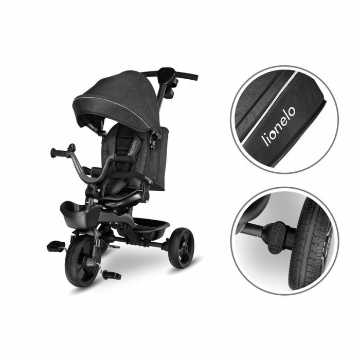 Lionelo - Tricicleta Kori, Cu suport de picioare, Control al directiei, Scaun reversibil, Rotire 360 grade, Pliabila, Conform cu standardul european de securitate EN71, Grey Stone [24]