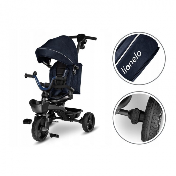 Lionelo - Tricicleta Kori, Cu suport de picioare, Control al directiei, Scaun reversibil, Rotire 360 grade, Pliabila, Conform cu standardul european de securitate EN71, Blue Navy [25]