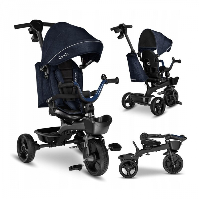 Lionelo - Tricicleta Kori, Cu suport de picioare, Control al directiei, Scaun reversibil, Rotire 360 grade, Pliabila, Conform cu standardul european de securitate EN71, Blue Navy [2]