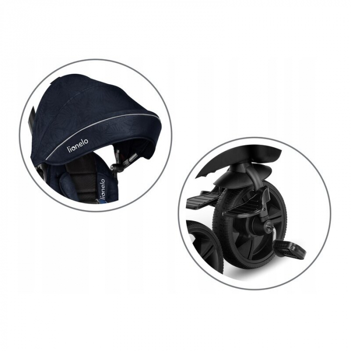 Lionelo - Tricicleta Kori, Cu suport de picioare, Control al directiei, Scaun reversibil, Rotire 360 grade, Pliabila, Conform cu standardul european de securitate EN71, Blue Navy [28]
