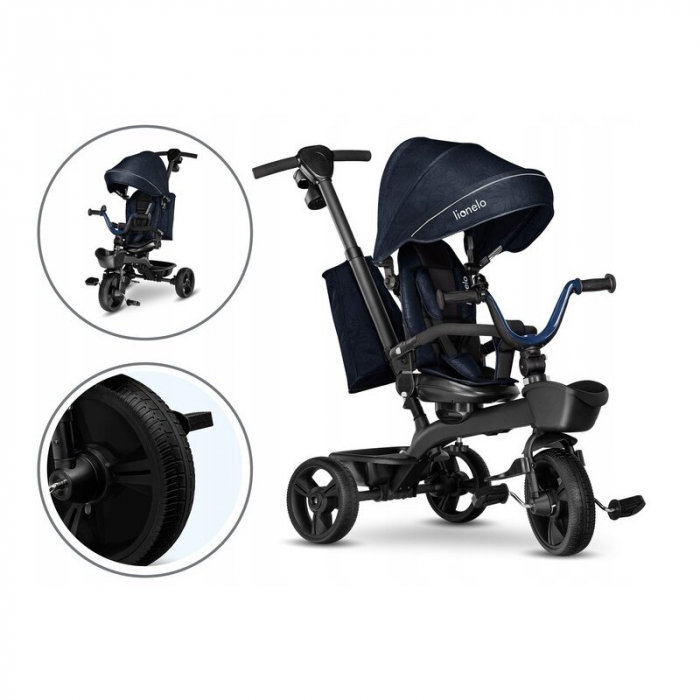 Lionelo - Tricicleta Kori, Cu suport de picioare, Control al directiei, Scaun reversibil, Rotire 360 grade, Pliabila, Conform cu standardul european de securitate EN71, Blue Navy [27]