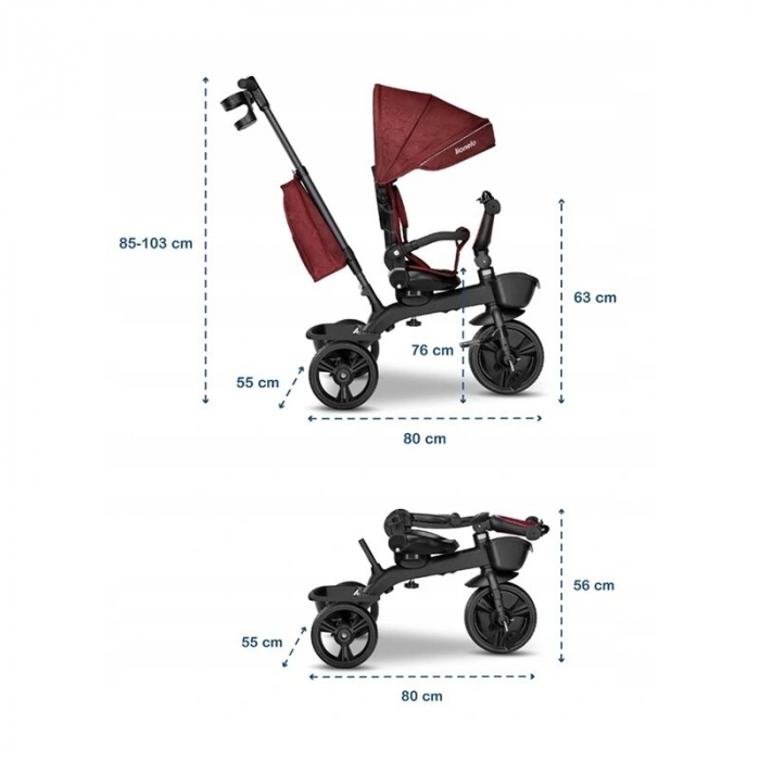 Lionelo - Tricicleta Kori, Cu suport de picioare, Control al directiei, Scaun reversibil, Rotire 360 grade, Pliabila, Conform cu standardul europeane de securitate EN71, Red Burgundy [5]
