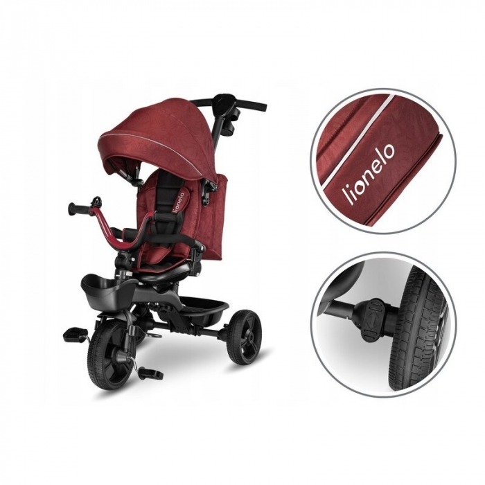 Lionelo - Tricicleta Kori, Cu suport de picioare, Control al directiei, Scaun reversibil, Rotire 360 grade, Pliabila, Conform cu standardul europeane de securitate EN71, Red Burgundy [26]