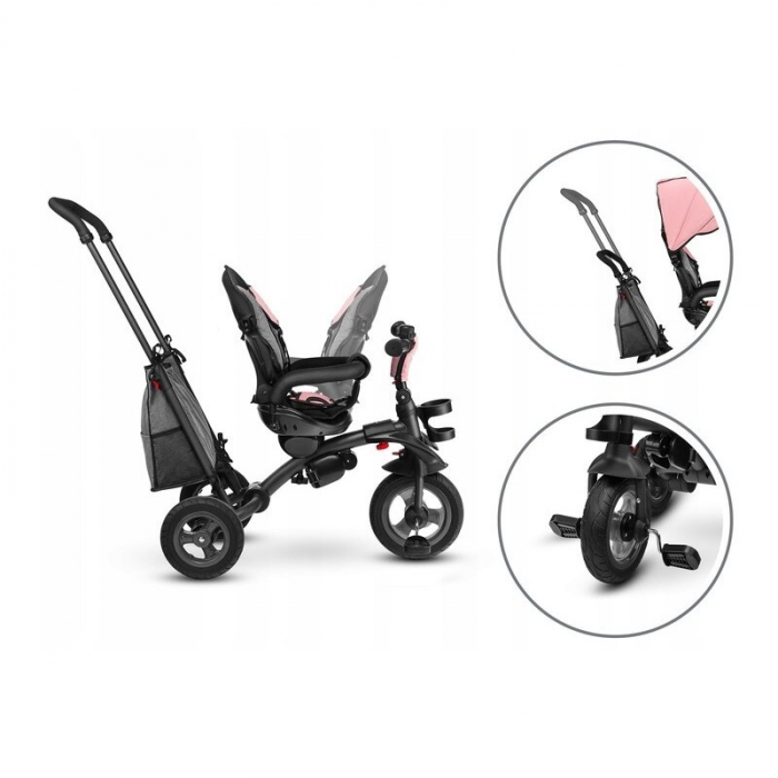 Lionelo - Tricicleta Tris, Mecanism de pedalare libera, Suport picioare, Control al directiei, Scaun reversibil, Rotire 360 grade, Pliabila, Conform cu standardul europeane de securitate EN71, Roz/Gri [15]
