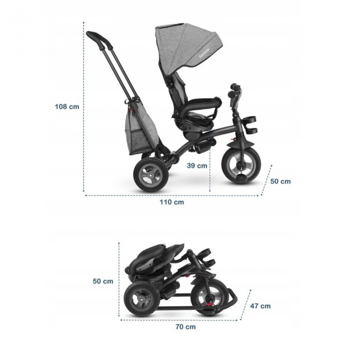 Lionelo - Tricicleta Tris, Mecanism de pedalare libera, Suport picioare, Control al directiei, Scaun reversibil, Rotire 360 grade, Pliabila, Conform cu standardul europeane de securitate EN71, Gri [34]