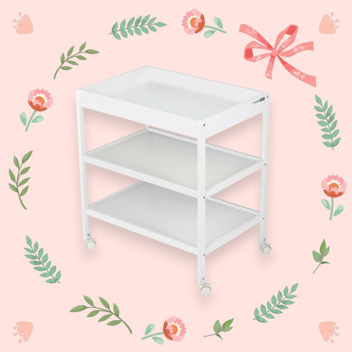 Masuta de infasat, FreeON, Mila, Din lemn, Cu 4 roti pentru transport facil, Cu 3 suprafete de depozitare, 76x54x86 cm, White [4]