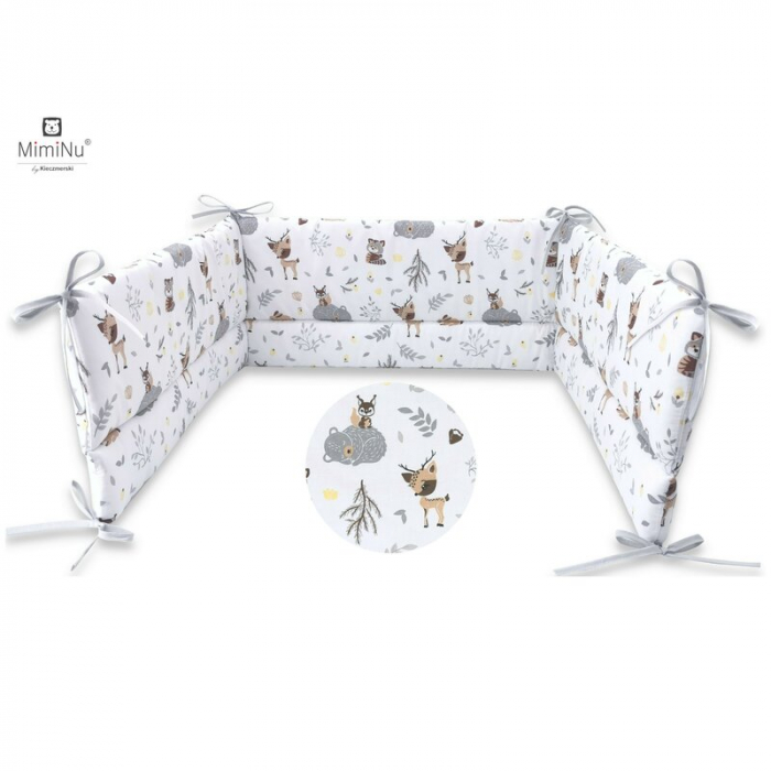 Aparatoare patut 120x60 cm, Din bumbac certificat , Cu inaltimea de 30 cm, Cu panglici, Forest friends Grey/Beige [1]
