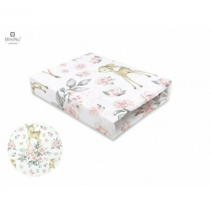 MimiNu - Cearceaf cu elastic, Din bumbac certificat Oeko Tex Standard 100, Pentru pat 160x80 cm, Sweet Deer Pink [2]