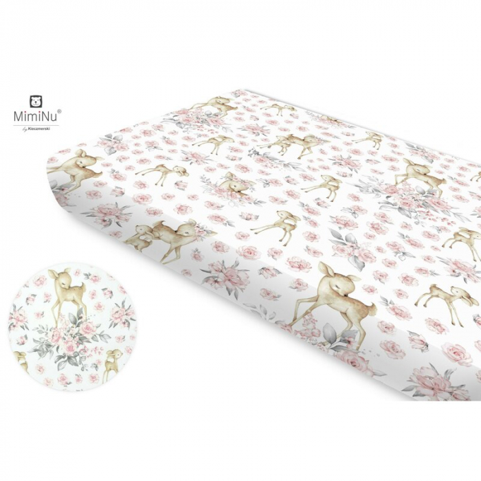 MimiNu - Cearceaf cu elastic, Din bumbac certificat Oeko Tex Standard 100, Pentru pat 160x80 cm, Sweet Deer Pink [1]