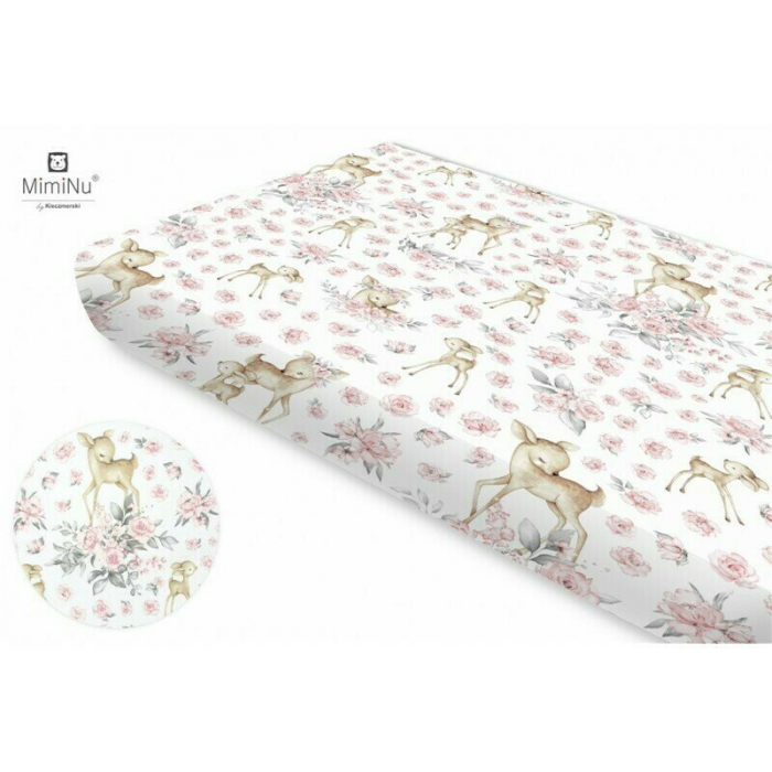 MimiNu - Cearceaf cu elastic, Din bumbac certificat Oeko Tex Standard 100, Pentru pat 160x80 cm, Sweet Deer Pink [3]