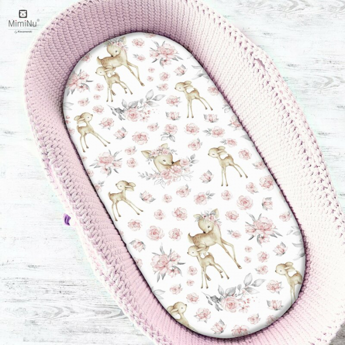 Cearceaf cu elastic pentru landou, carucior si cosulet, Dimensiune 80x35 cm, Din bumbac, Sweet Deer Pink [1]