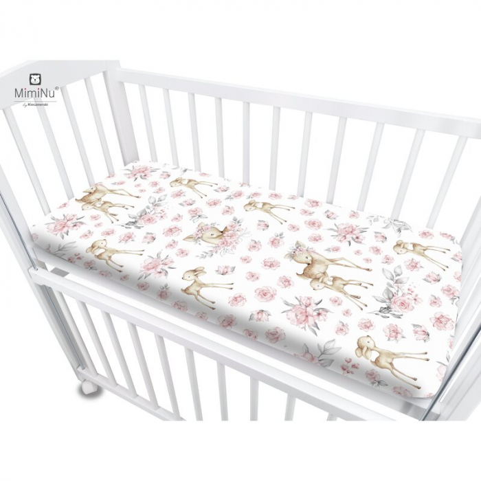MimiNu - Cearceaf cu elastic pentru patut co-sleeper, Vera, Dimensiune 89 x 51 cm, Din bumbac certificat Oeko Tex Standard 100, Sweet Deer Pink [2]