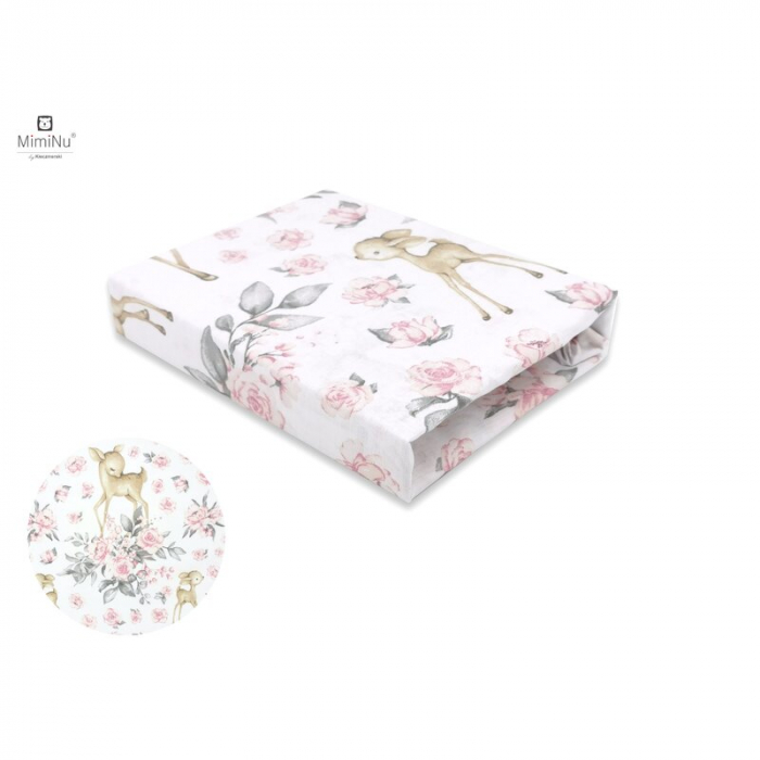 Miminu - Cearceaf cu elastic pentru patut leagan sau patut co-sleeper, Dimensiune 90x40 cm, Din bumbac certificat Oeko Tex Standard 100, Sweet Deer Pink  [1]