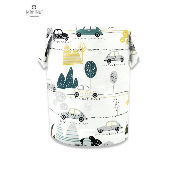 MimiNu - Cos rotund pentru depozitare jucarii, Din bumbac certificat Oeko Tex Standard 100, Cu manere, 50x35 cm, Childrens Journey Grey [1]