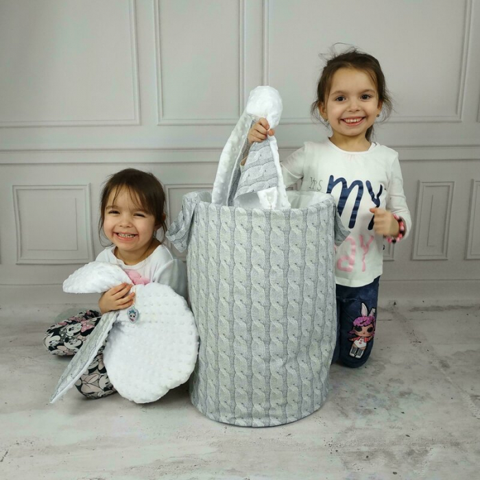 MimiNu - Cos rotund pentru depozitare jucarii, Din bumbac certificat Oeko Tex Standard 100, Cu manere, 50x35 cm, Childrens Journey Grey [3]