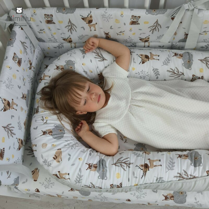 Cosulet bebelus cu doua fete, Baby Nest 105x66 cm, Husa 100% bumbac, Cu salteluta din burete,Velvet Forest/Mint [2]