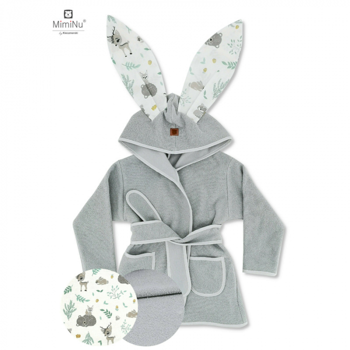 MimiNu - Halat de baie cu urechi 2 - 5 ani, Moale, Cu buzunare, Cu cordon, Din bumbac si thermo fleece, Materiale certificate Oeko Tex Standard 100, Forest Friends Mint [1]