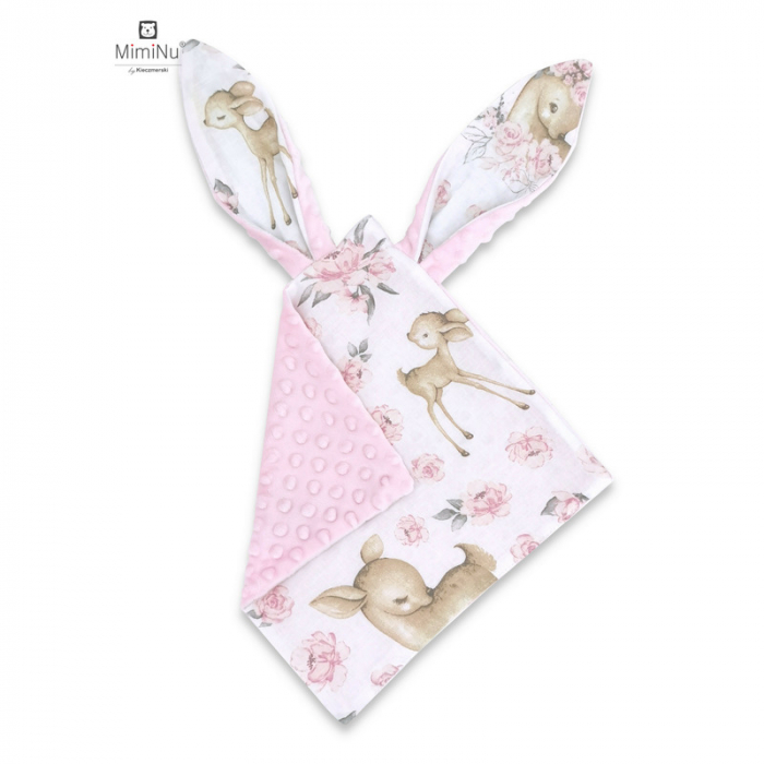 MimiNu - Jucarie textila senzoriala, Moale, Cu doua fete, 30 x 30 cm, Din tesatura minky si bumbac, Materiale certificate Oeko Tex Standard 100, Minky Sweet Deer Pink [1]