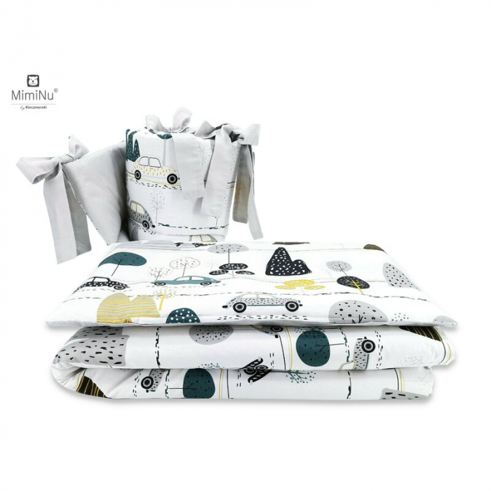 MimiNu - Lenjerie patut 3 piese, Cu protectie laterala, Din bumbac certificat Oeko Tex Standard 100, Pentru patut 120x60 cm, Childrens Journey Grey [1]