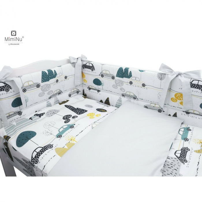 MimiNu - Lenjerie patut 3 piese, Cu protectie laterala, Din bumbac certificat Oeko Tex Standard 100, Pentru patut 120x60 cm, Childrens Journey Grey [2]